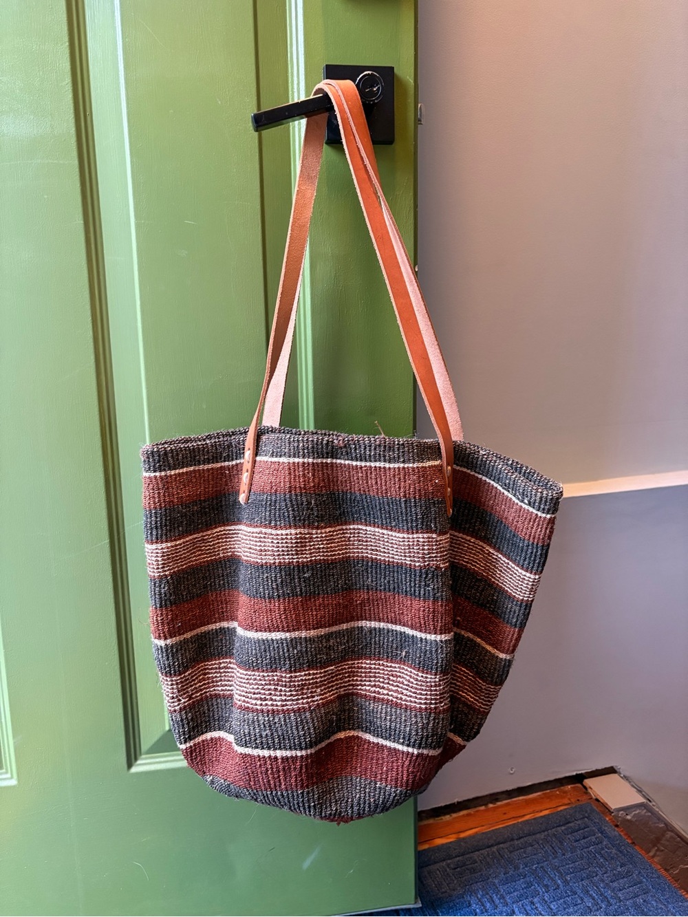 Vintage Striped Woven Tote Bag with Leather Straps